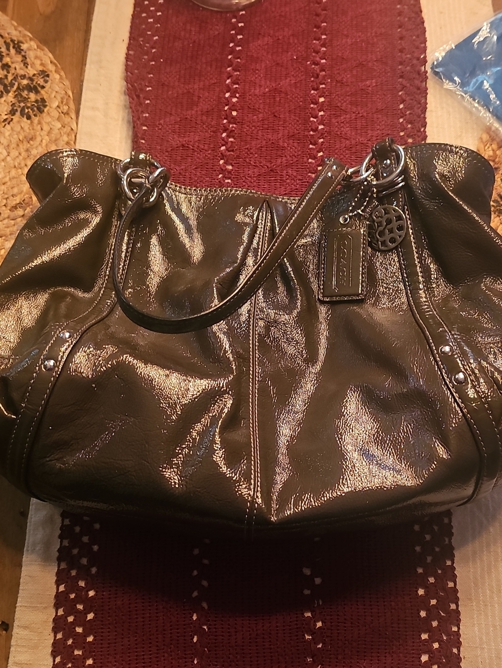 Coach Shiny Black Patent Leather Shoulder Bag with Charm.. GREEN